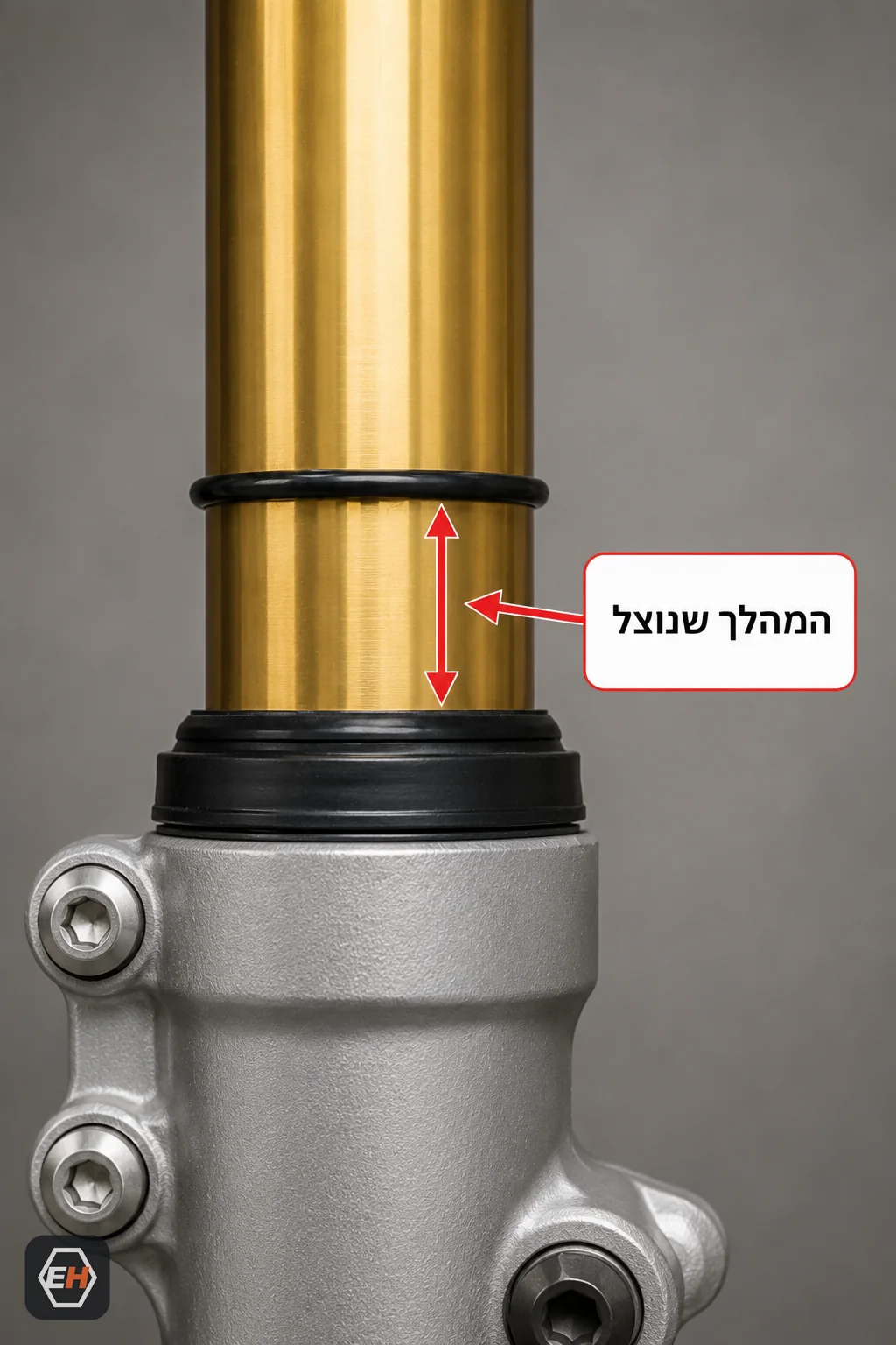 טבעת הגומי על צינור הבולם, והרווח בינה לאטם האבק המייצג את המהלך שנוצל