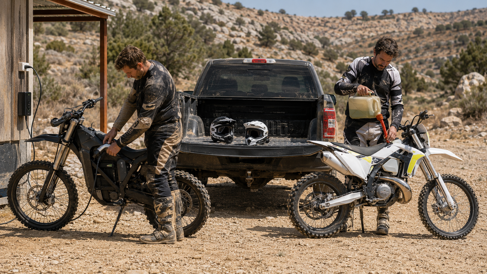 One rider refuelling a petrol enduro bike from a fuel can while another connects an electric enduro bike to its charger by a shed, at an off-road trailhead