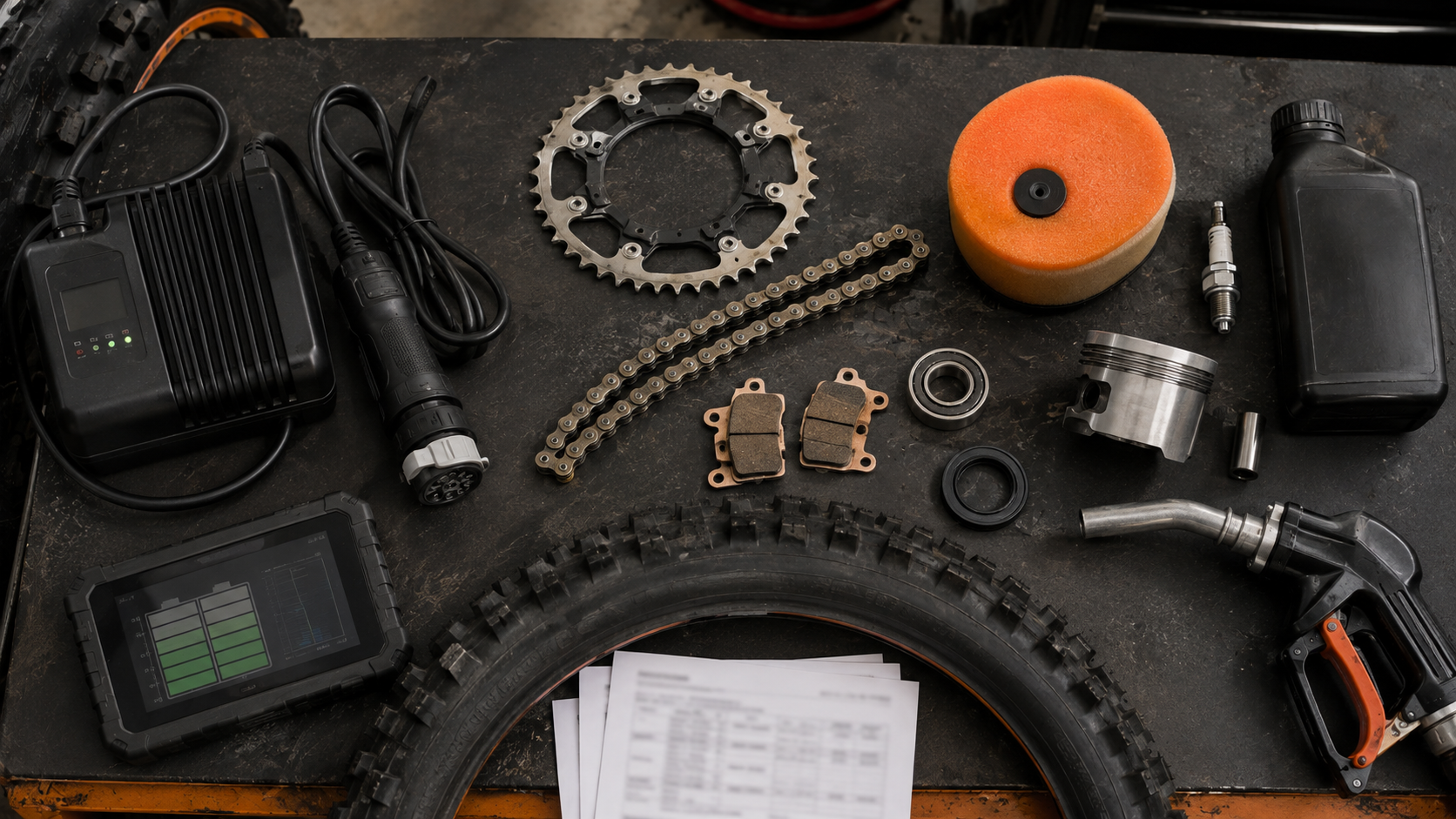 Workshop-bench flat-lay: an electric bike's charger and cable on the left, a petrol bike's air filter, piston and spark plug on the right, and in the middle the chain, pads and tyre both share