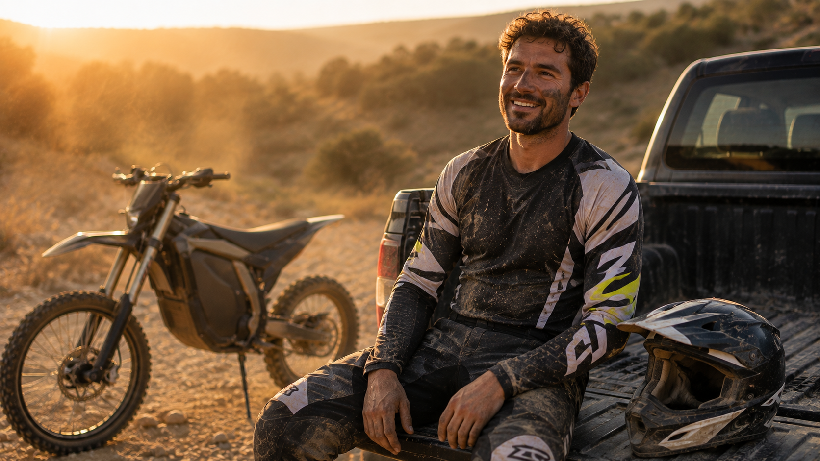 A rider sitting on a pickup tailgate at the end of a riding day with a tired smile, a dusty helmet beside him and an electric enduro bike in the background at sunset